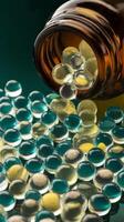 A bottle of pills spilling out onto a table photo