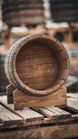 A wooden barrel sitting on top of a wooden table photo