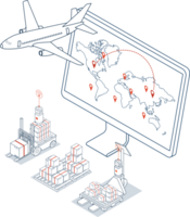 Global logistics network. 3D isometric scenes showing export-import operations via air, road, rail, and cargo services. png
