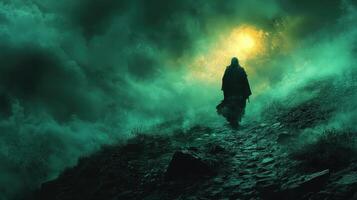Hooded figure ascends misty mountain, ominous sunset photo
