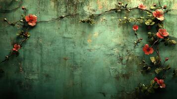 Floral vines on rustic green wal photo