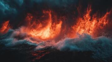 Fiery ocean waves storm at night, apocalyptic background, disaster concept photo