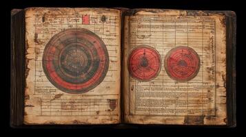 Antique book open, showing cosmic diagrams, dark background, historical study photo