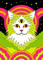 Surreal Psychedelic Cat with Third Eye and Vibrant Rainbow Aura vector