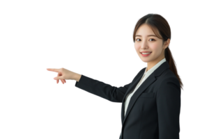 Woman pointing at something for design png