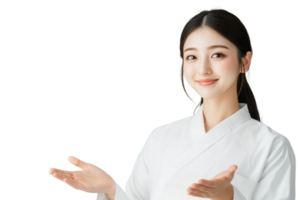 Japanese girl in kimono showing something for your design isolate on transparent background png