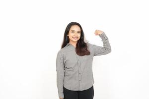 A woman in a shirt flexing her bicep photo