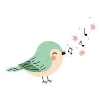 Cute spring bird with notes. Little green bird singing song. Funny cartoon character, icon isolated on white background. vector