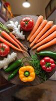 A wooden cutting board with vegetables on it photo