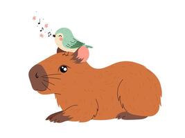 Cute capybara with a small bird on his head. Singing spring bird. Hand drawn illustration on a white background. vector