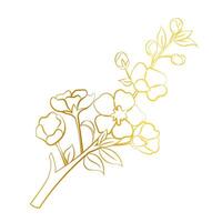 Cherry tree branch. Sakura in gold gradient. Line illustration of spring flowers and trees on white background. vector