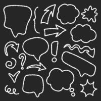 Set of text speech bubbles with crayon texture. Hand drawn cloud of text, arrows, signs. Doodle illustration on a black board. vector