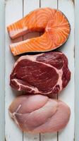 Three different types of meat on a white background photo