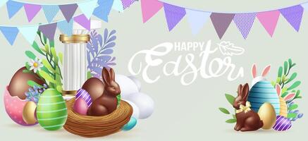 Easter poster and banner template with Easter eggs in the nest on background.Greetings and presents for Easter Day in flat lay styling.Promotion and shopping template for banner web poster flyer vector