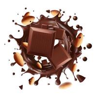Almond nut with Chocolate bar and chocolate splash. Almond milk, dairy product. isolated on white background. Realistic Mesh gradient is used vector