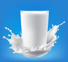 Realistic milk bottle with cream splash isolated white wave with drops around glass flask with dairy product fluid with splatters, liquid milky flow stream, calcium food vector
