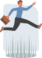 Challenge for business man jumping over dangerous obstacle on path to success and career growth. Man manager over trap with sharp spikes, symbolizing challenge for professional from corporate company png