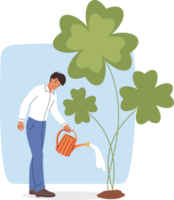 Business man waters large clover, taking care of developing own luck to accumulate capital in future. Business guy grows money tree to increase chances of getting high income and career growth png