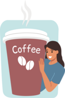 Large paper glass of coffee near smiling woman who drinks invigorating aromatic drink after waking up. Takeaway coffee from street coffeeshop that allows you to warm up on way to work or university png
