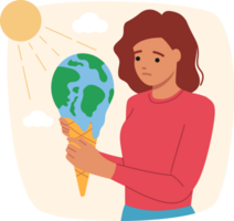 Global warming negatively affects planet earth and melts globe held by sad woman volunteer. Problem of global warming and climate change caused by co2 emissions into air and air pollution png