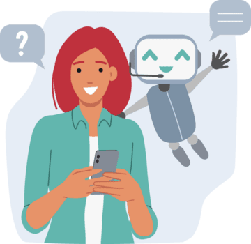 chatbot hjälper kvinna genom mobil Ansökan på telefon, tillhandahålla råd och teknisk Stöd. uppkopplad chatbot för lösning kund frågor, utrustad med artificiell intelligens eller ai teknologi png