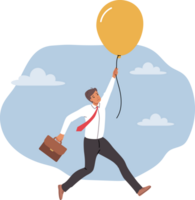 Frightened business man holding on to flying balloon, afraid of failure due to risky actions. Frightened guy got involved in adventure and needs help to get out of difficult situation png