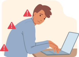 Hunched man sits at computer, risking ruining health and damaging spine due to office work. Hunched over businessman needs help of osteopath to avoid back pain and appearance of hunchback png