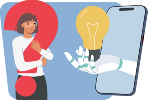 Idea is proposed by chatbot with artificial intelligence, poking light bulb out of smartphone for business woman. Positive girl uses chatbot with neural network to brainstorm and plan future png