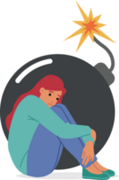 Stress and depression in upset woman sitting near large bomb symbolizing presence of serious problems. Girl experiences stress and apathy caused by social pressure or romantic failures png