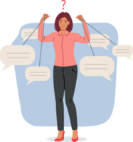 Woman victim of public opinion holds dialogue clouds in form of comments in hands. Confused girl manipulates public opinion using puppet master strings for misinformation and spreading fake news png