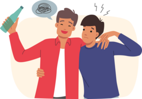 Man is leading drunk friend with bottle in hand, helping him get home after party. Guy accompanies drunk friend who is addicted to beer or vodka and suffers from lack of willpower. png