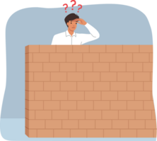 Business man looks behind stone barrier in search of new opportunities for career growth. Curious guy stands near barrier and wonders how to overcome problems that have arisen on path to success. png