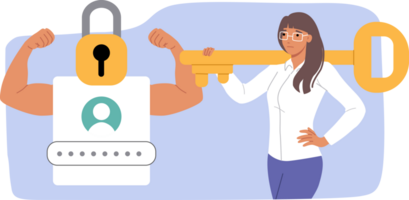 Key to account is in hands of business woman who uses reliable method of protecting data and providing access. Form for authentication when logging into your account using token or password for access png