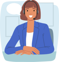 Woman call center operator smiles, sitting at office desk, using headset to consult clients via IP telephony. Girl customer support operator looks at screen, happy to work in hotline png