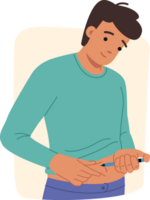 Man does diabetes insulin test by sticking syringe into stomach to prevent sugar control. Guy struggling with diabetes to avoid complications and occurrence of severe form of disease that causes death png