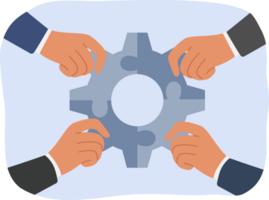 Synergy of business people holding fragments of mechanism in hands, and connecting gear to achieve success. Synergy between office managers resulting from successful team building and trust png