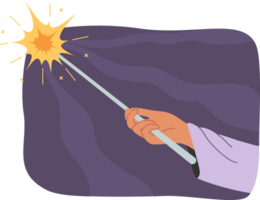 Magic wand in hand of sorcerer casting spell and creating flash of light symbolizing miracle. Student at school of witchcraft and wizardry uses magic wand to illuminate path in dark. png
