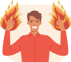 Aggressive man with flames on fists threatens and waves arms during conflict. Aggressive guy feels angry and wants to fight due to lack of agreement or toxic behavior of colleagues png