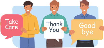 Kind men show gratitude and say goodbye, holding speech bubbles with positive inscriptions. Positive guys with dialogue clouds with good-natured comments and thanks for cooperation for cooperation png