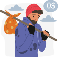 Poor man wanders around world and thinks about absence of money in account, is need of help from charitable companies. Poor man experiences mental anguish due to lack of home, lost after bankruptcy. png