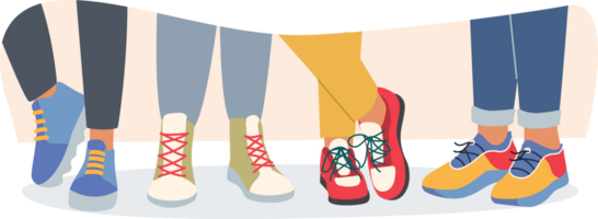 Legs of people in fashionable sneakers and sports shoes for running training or fitness classes. Legs of teenagers standing in row wearing colorful pants and sneakers for comfortable walking png