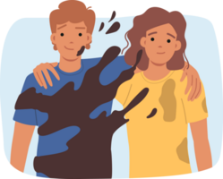 Dirty couple of happy man and woman, for metaphor for toxic relationships and presence of codependency in love union. Dirty couple smile, not paying attention to stains on clothes or splashes png