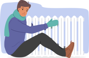Freezing man hugs radiator to escape cold due to sharp drop in temperature in apartment. Freezing guy in scarf and gloves suffers because of increase in home heating tariffs, forcing to save money png