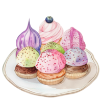 Watercolor profiterole and cupcake with vanilla and strawberry berry cream on white dish dessert and bakery clip art element illustration png