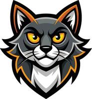 Stylized cartoon cat head, fierce yellow eyes, grey and orange fur, sharp angular features, mascot design vector
