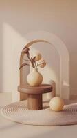 A vase with flowers on a table in front of a wall photo