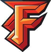 Logo design, bold letter F, geometric shapes, dynamic angles, 3D effect, red and orange gradient, black outline, sharp edges vector