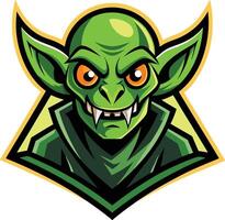 Fantasy goblin mascot, fierce expression, large pointed ears, glowing orange eyes, sharp fangs, green skin vector