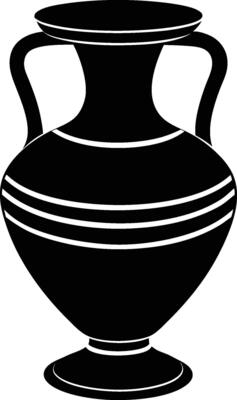 Ancient Greek amphora, black silhouette, classical pottery, elegant curves, two handles, striped decoration, symmetrical design, white background, minimalist illustration