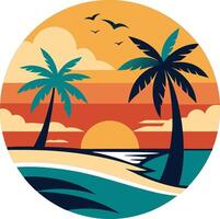 Tropical sunset beach scene, circular composition, retro color palette, stylized palm trees, ocean waves, sandy shore vector